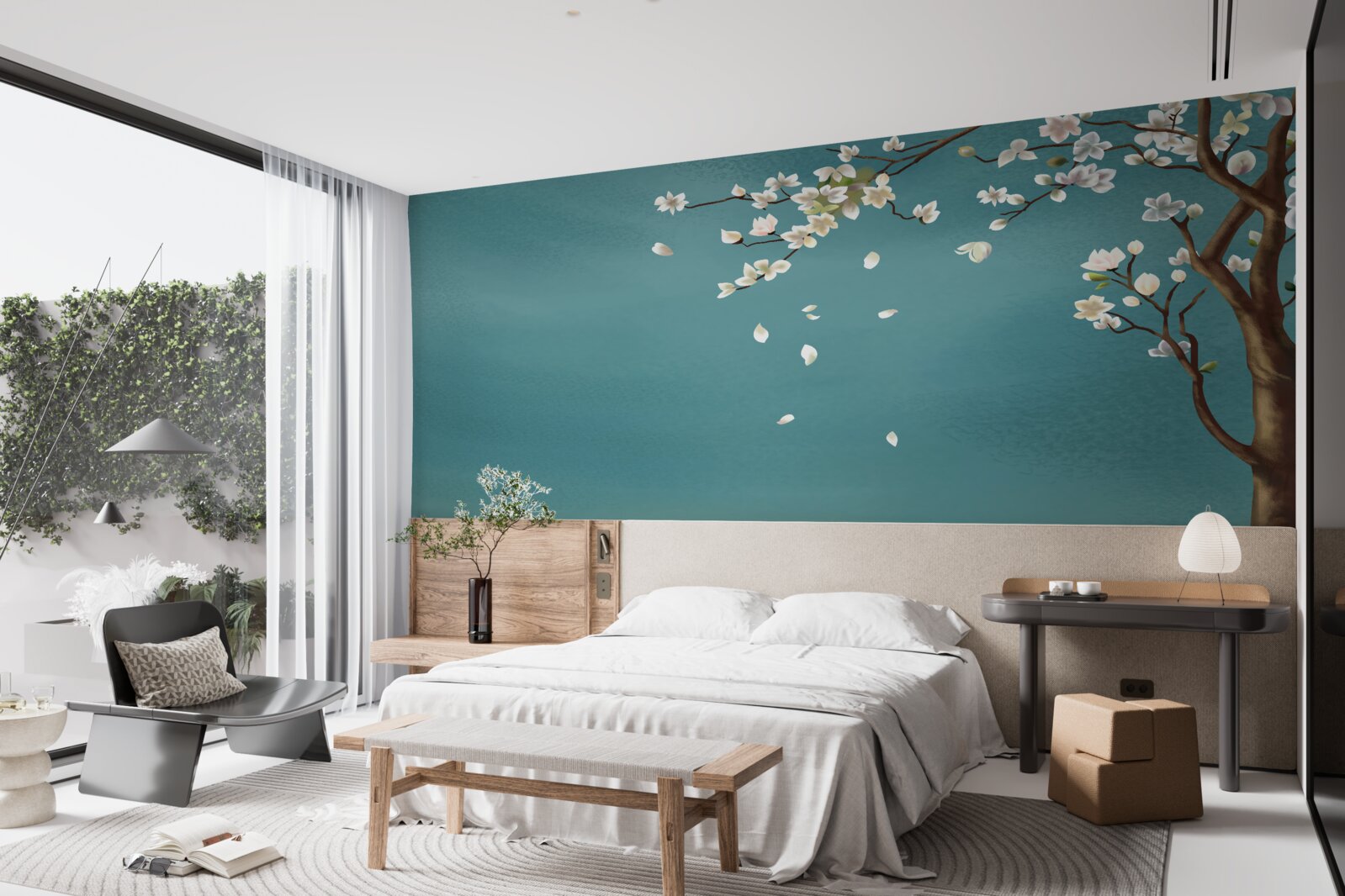 Fototapeta tyrkysový podklad zdobí rozkvitnutý stromček