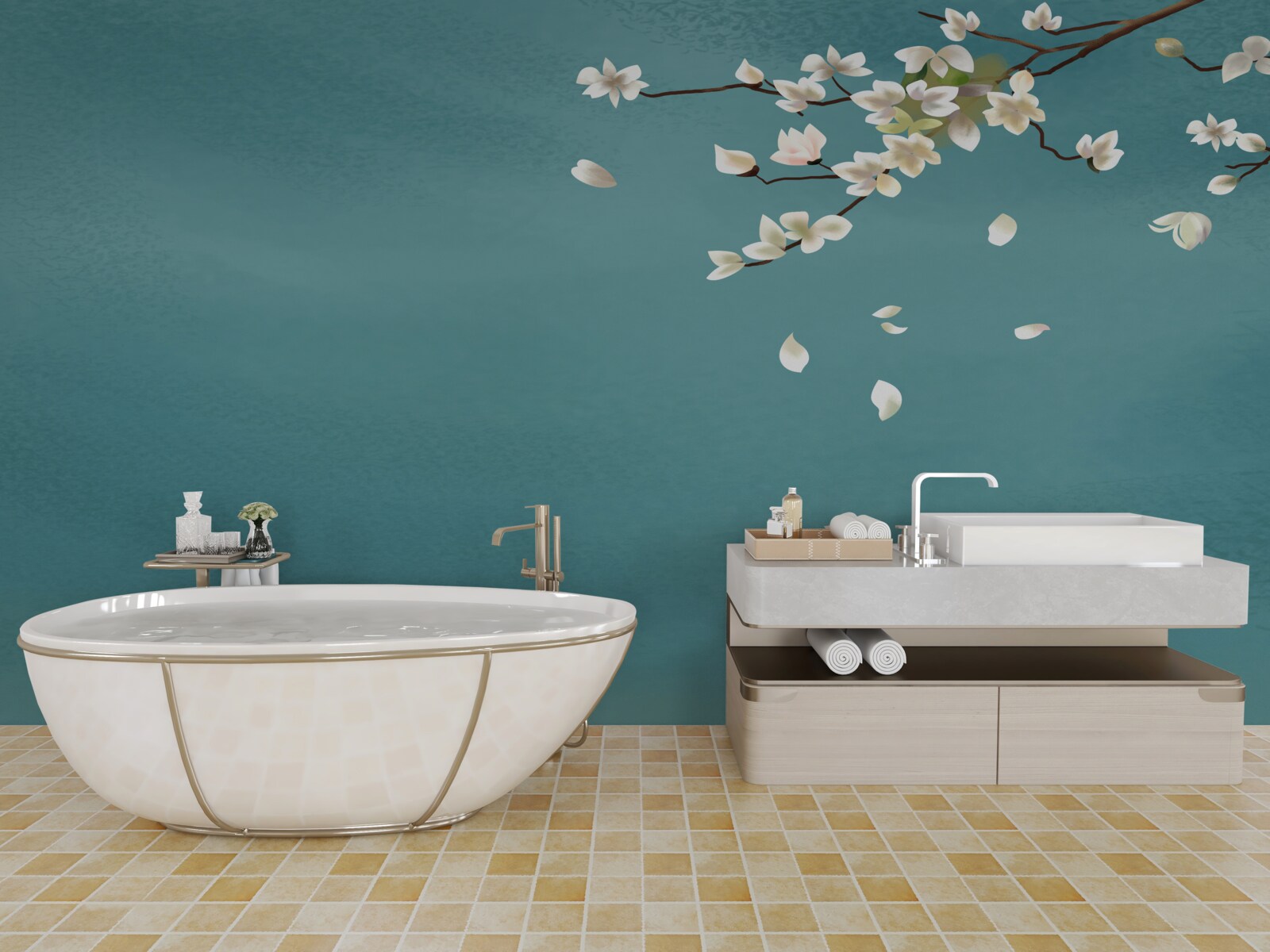 Fototapeta tyrkysový podklad zdobí rozkvitnutý stromček