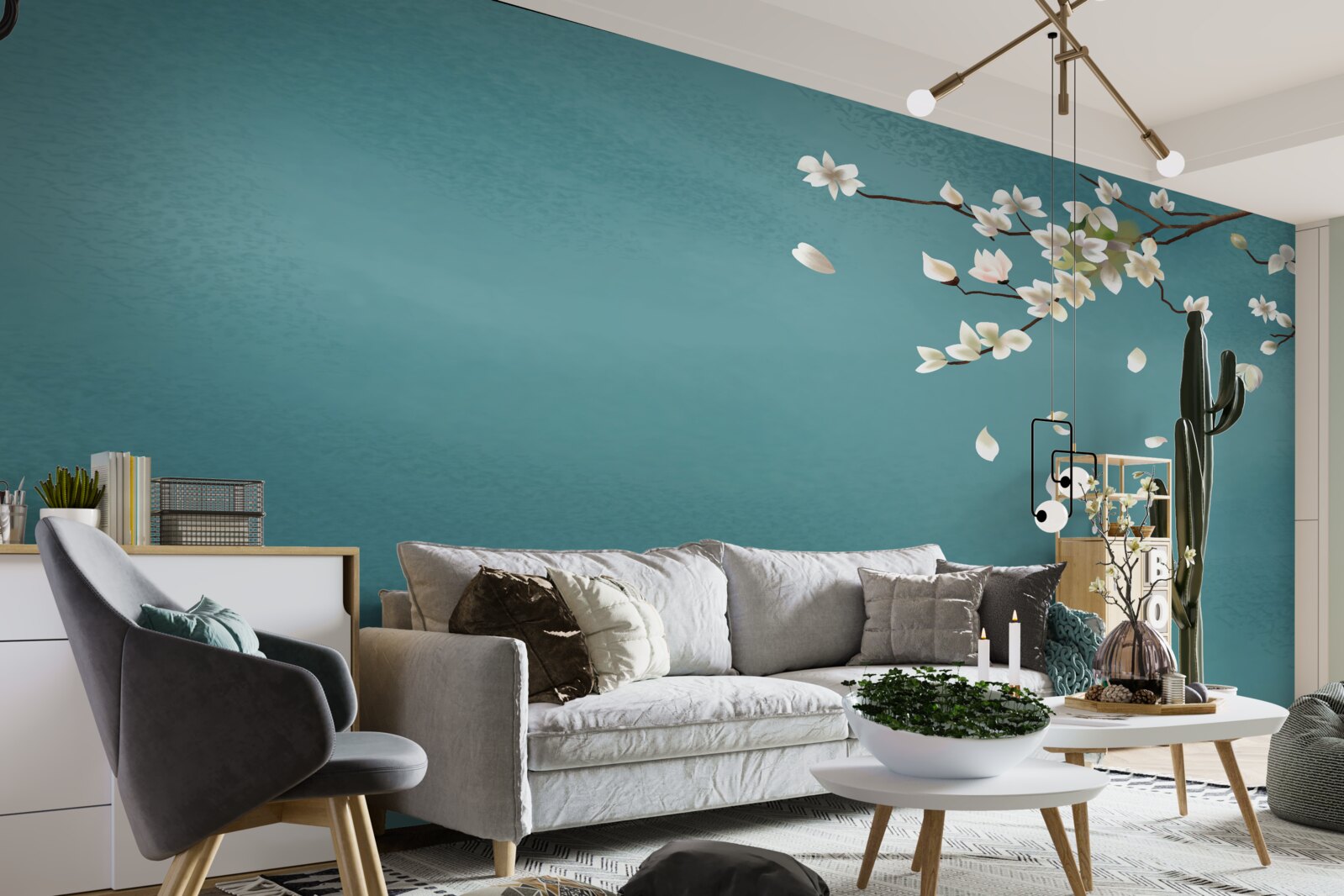 Fototapeta tyrkysový podklad zdobí rozkvitnutý stromček