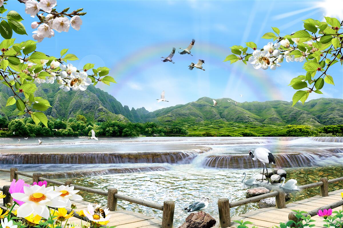 Fototapeta lesný vodopád a jazero pod farebnou dúhou