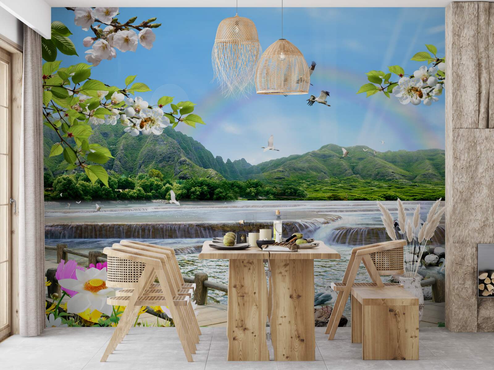 Fototapeta lesný vodopád a jazero pod farebnou dúhou