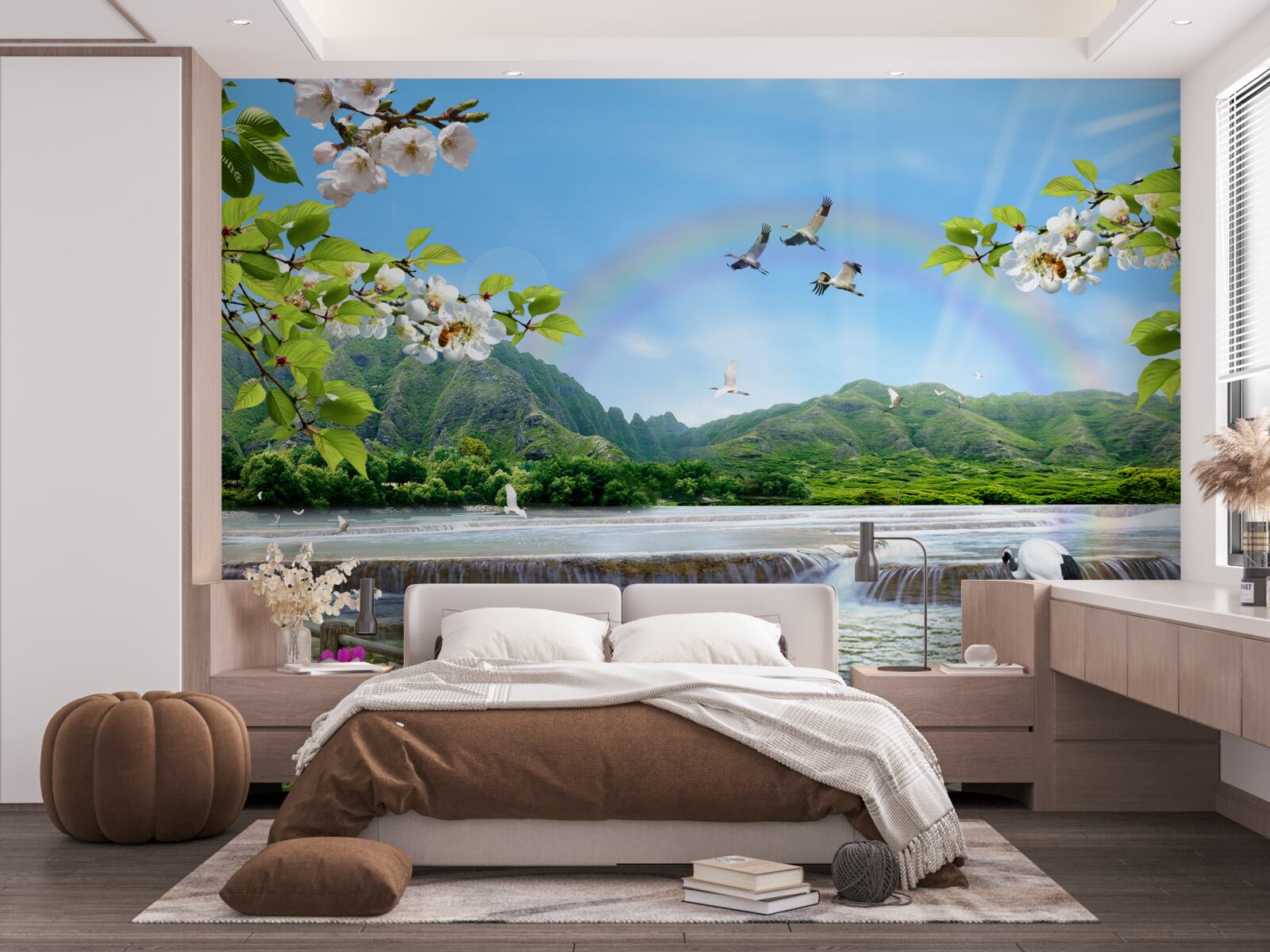 Fototapeta lesný vodopád a jazero pod farebnou dúhou