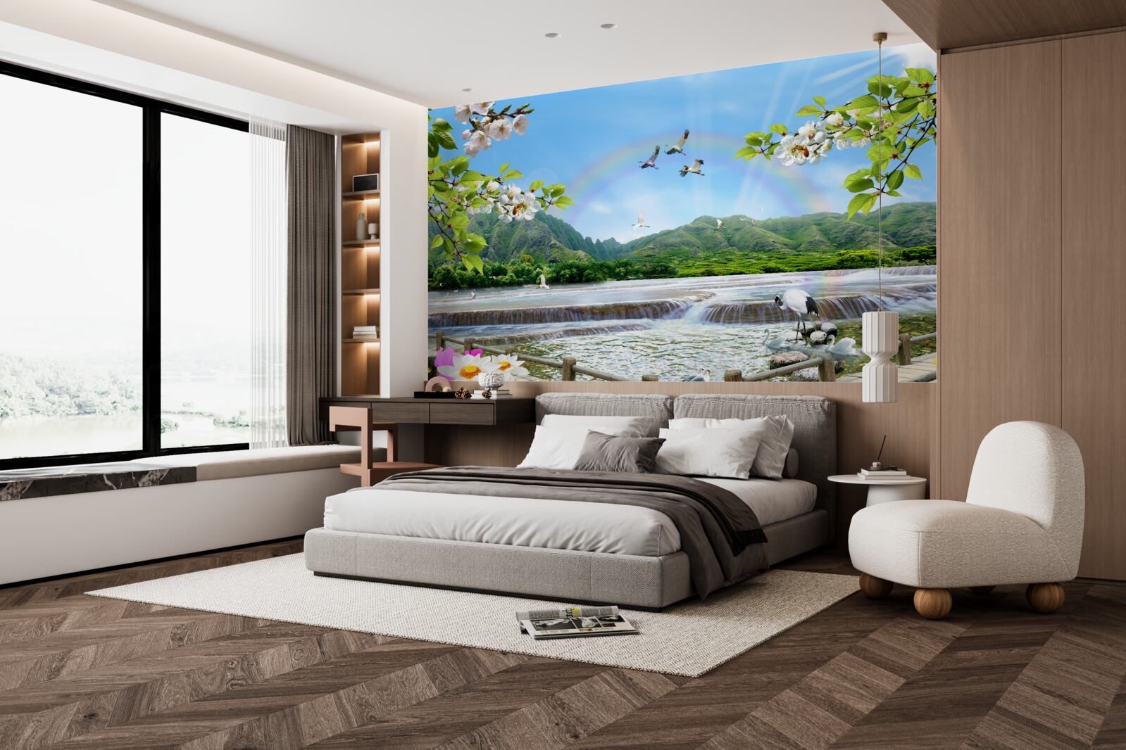 Fototapeta lesný vodopád a jazero pod farebnou dúhou