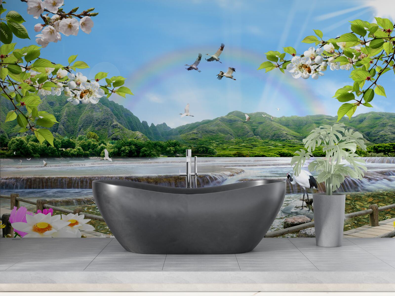 Fototapeta lesný vodopád a jazero pod farebnou dúhou