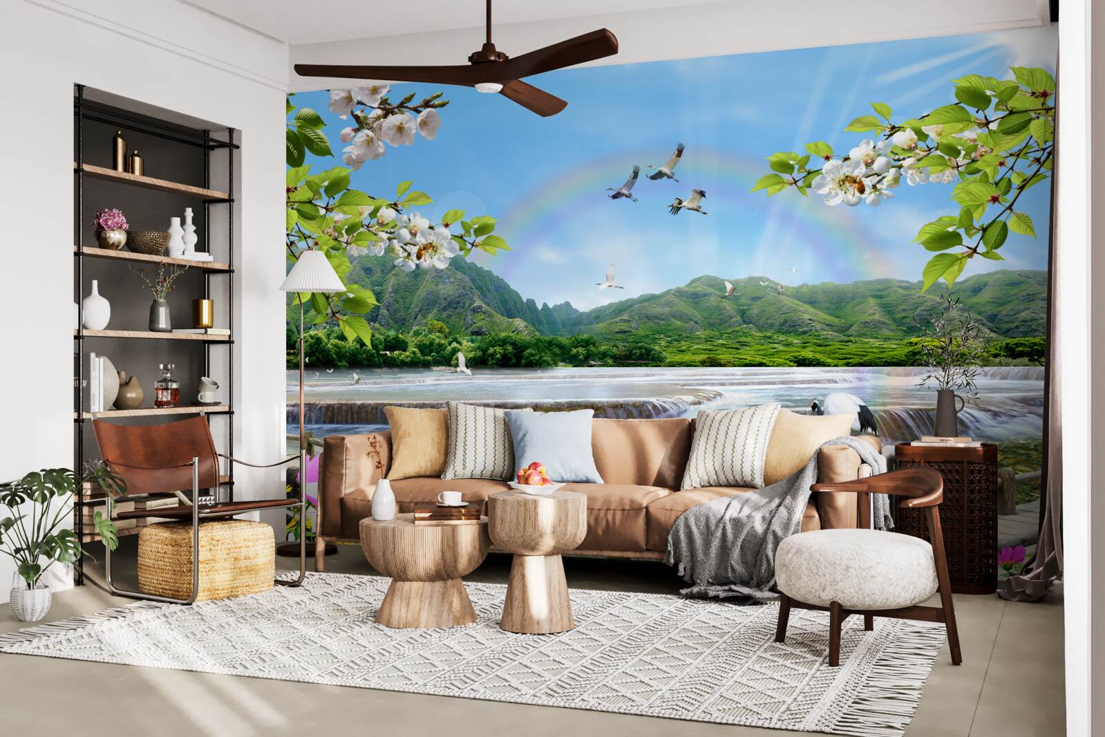 Fototapeta lesný vodopád a jazero pod farebnou dúhou