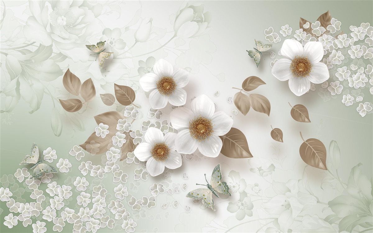 Fototapeta biele kvety s veľkými púčikmi a motýľmi