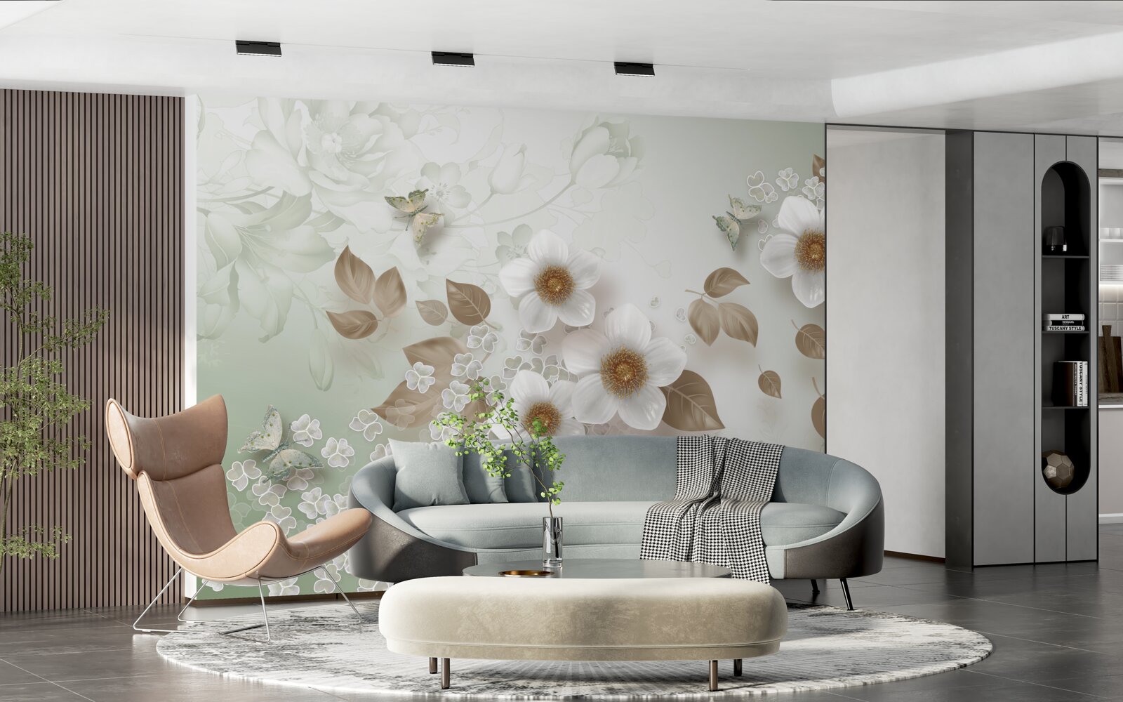 Fototapeta biele kvety s veľkými púčikmi a motýľmi