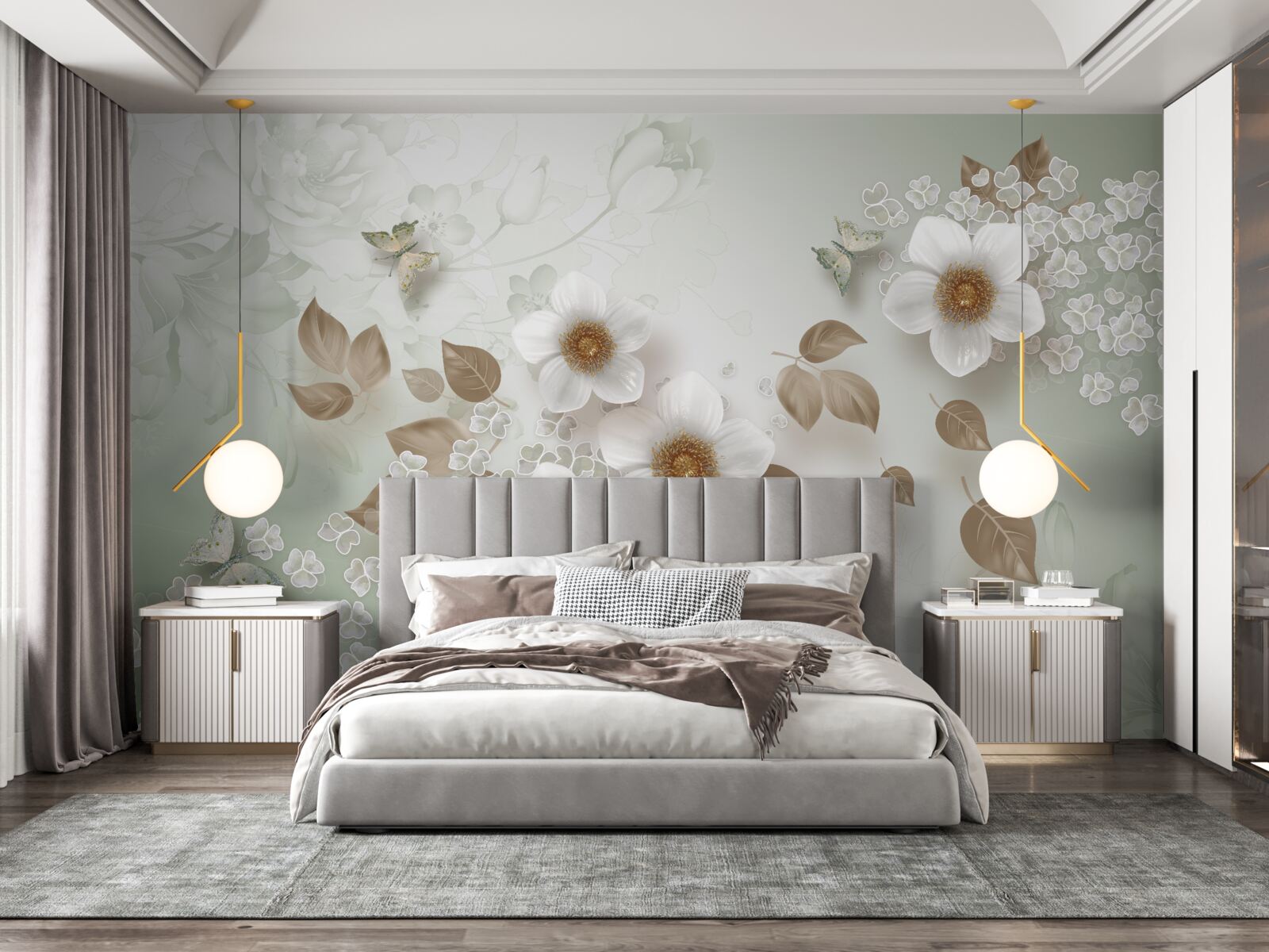 Fototapeta biele kvety s veľkými púčikmi a motýľmi