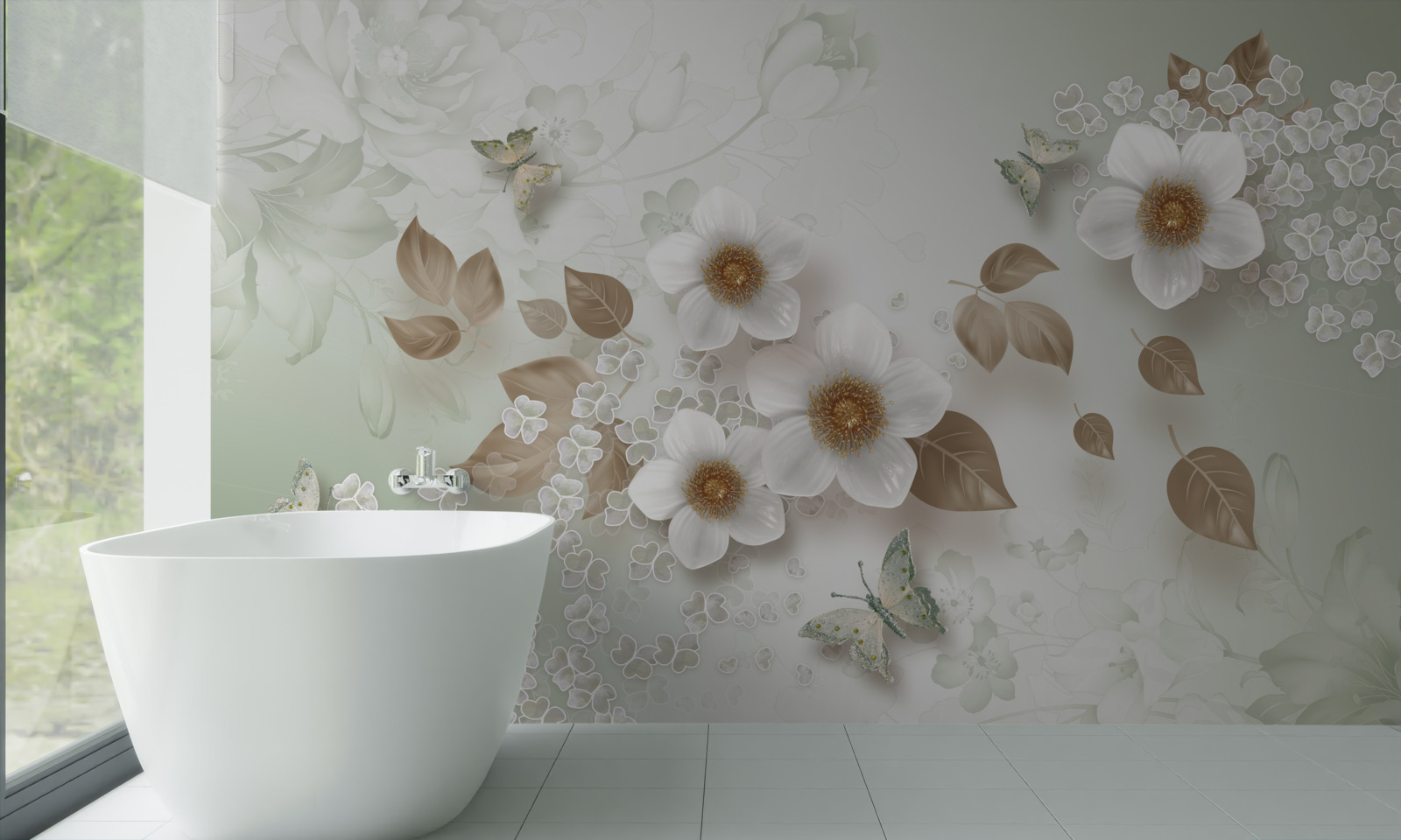 Fototapeta biele kvety s veľkými púčikmi a motýľmi