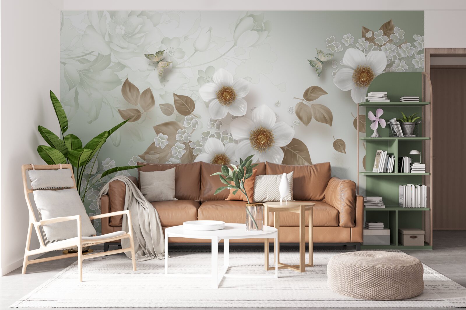 Fototapeta biele kvety s veľkými púčikmi a motýľmi