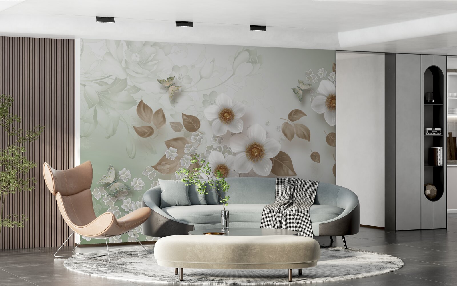 Fototapeta biele kvety s veľkými púčikmi a motýľmi