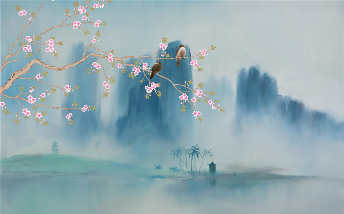 Fototapeta Čerešňové kvety vetva nad jazerom pokrytým hmlou