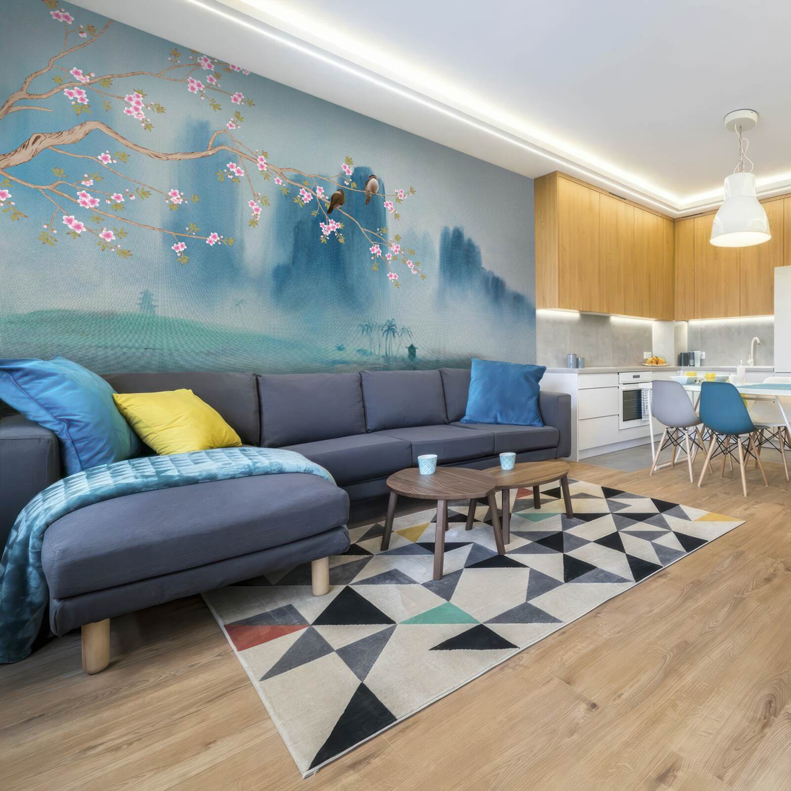 Fototapeta Čerešňové kvety vetva nad jazerom pokrytým hmlou