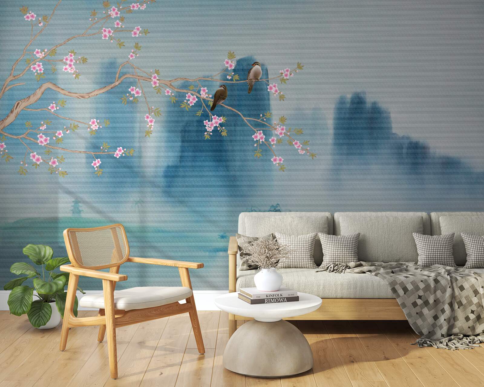 Fototapeta Čerešňové kvety vetva nad jazerom pokrytým hmlou