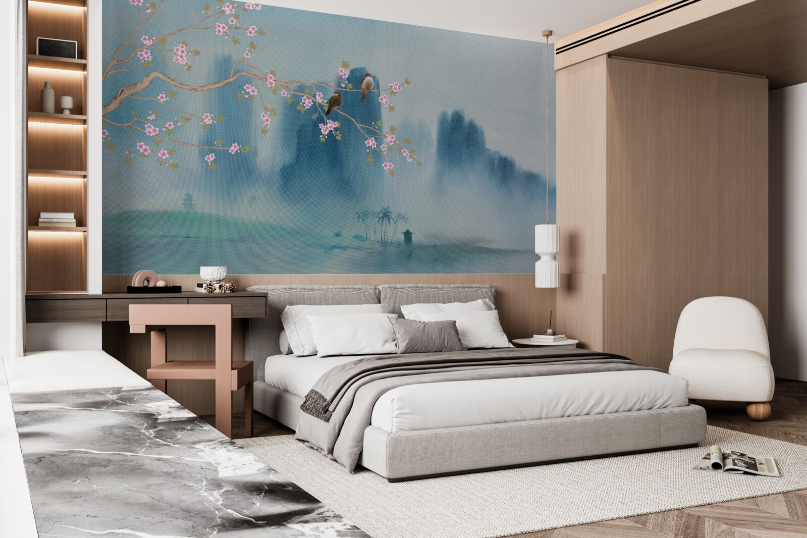 Fototapeta Čerešňové kvety vetva nad jazerom pokrytým hmlou