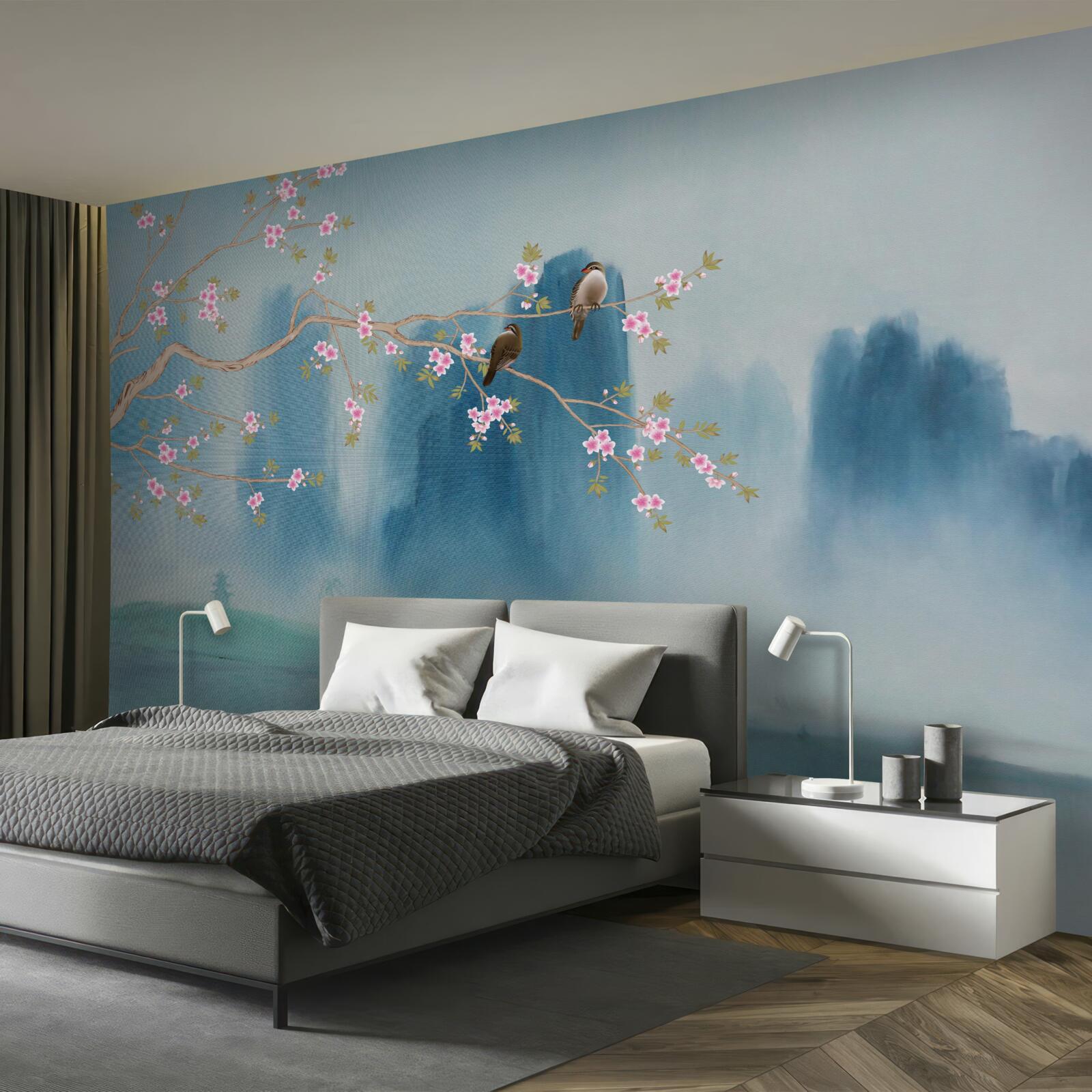 Fototapeta Čerešňové kvety vetva nad jazerom pokrytým hmlou