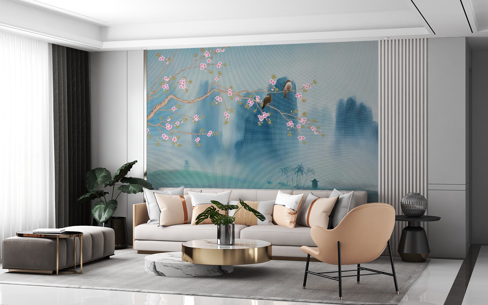 Fototapeta Čerešňové kvety vetva nad jazerom pokrytým hmlou