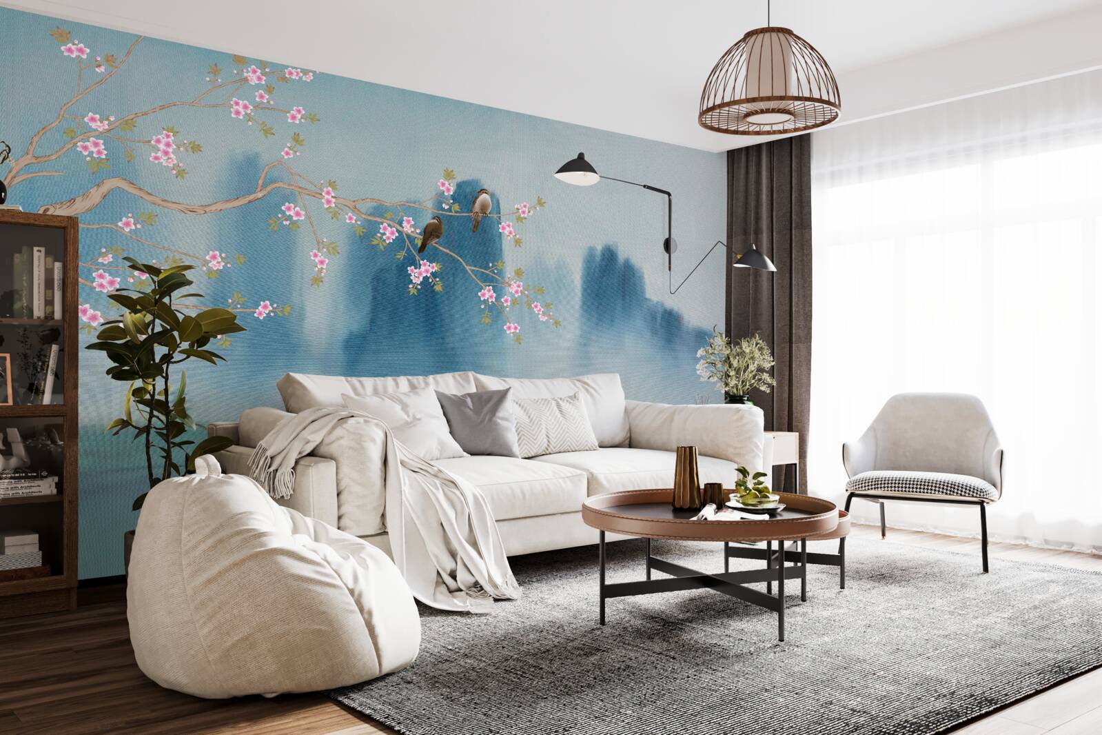 Fototapeta Čerešňové kvety vetva nad jazerom pokrytým hmlou