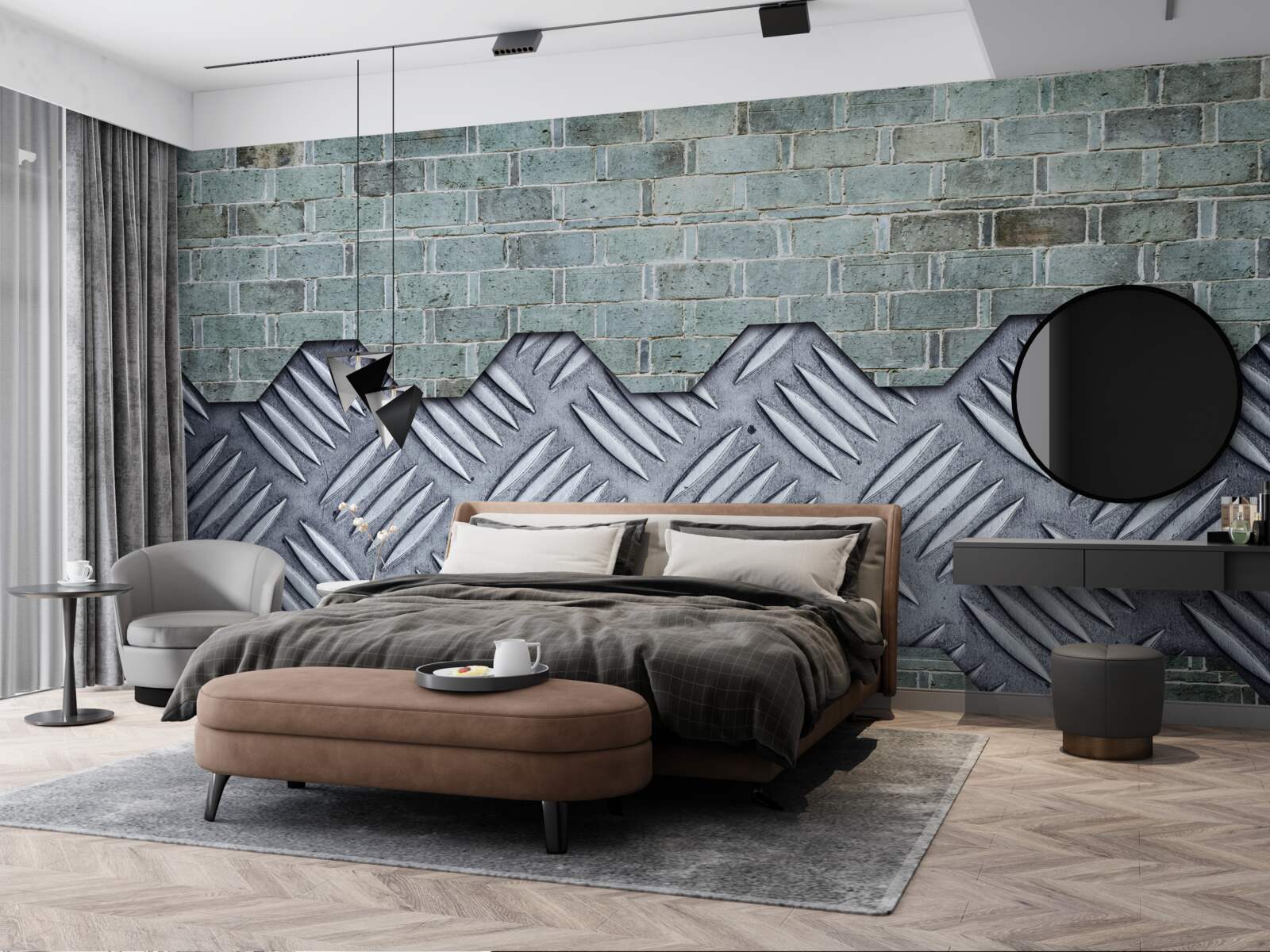 Fototapeta tehlová stena s hliníkovým plechom