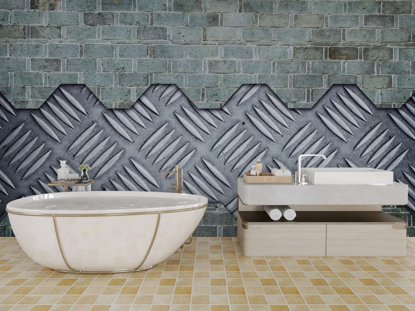 Fototapeta tehlová stena s hliníkovým plechom