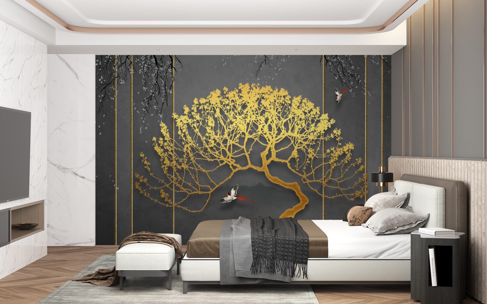 Fototapeta silueta bonsajového stromu lesklá zlatom