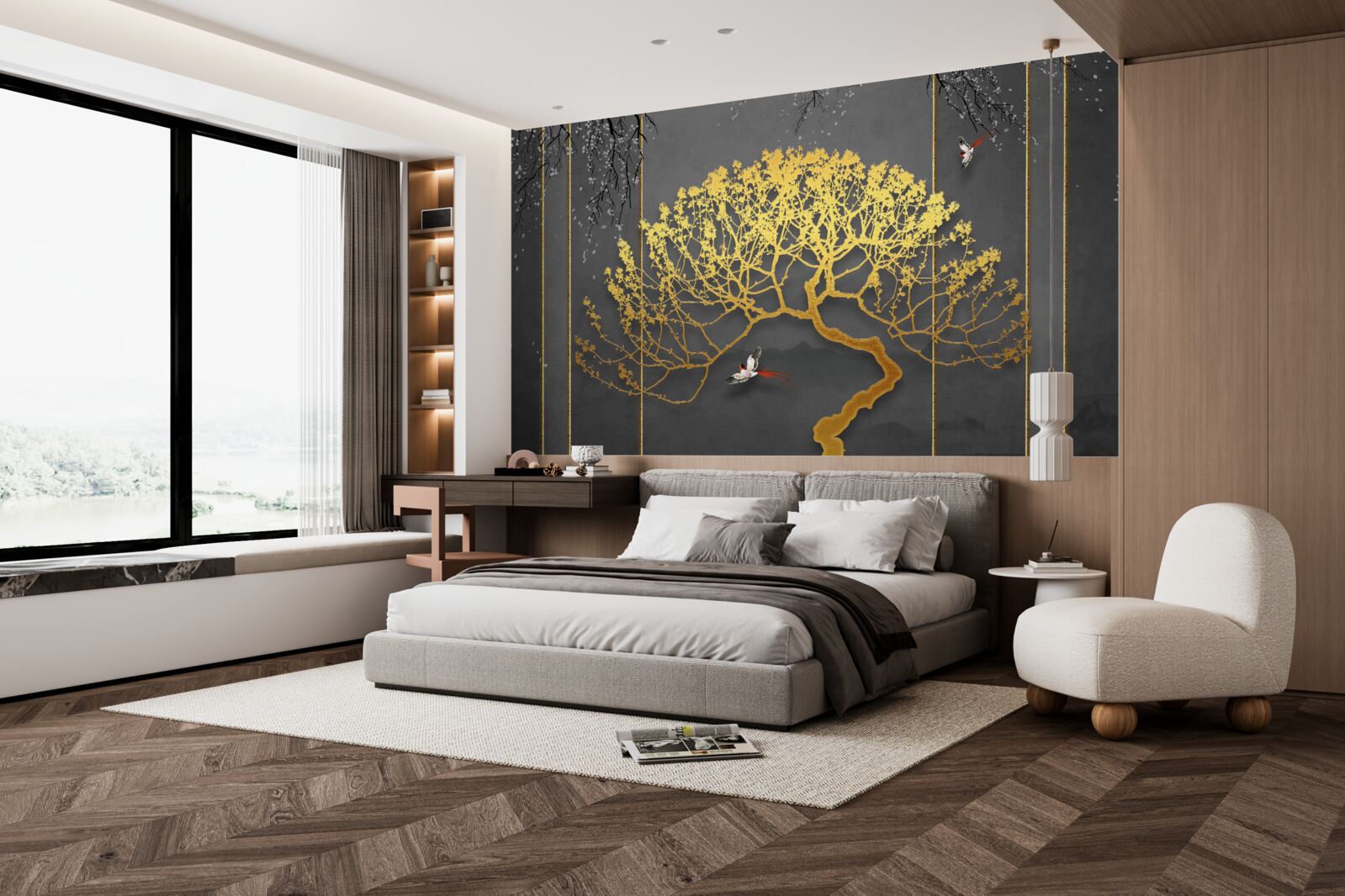 Fototapeta silueta bonsajového stromu lesklá zlatom