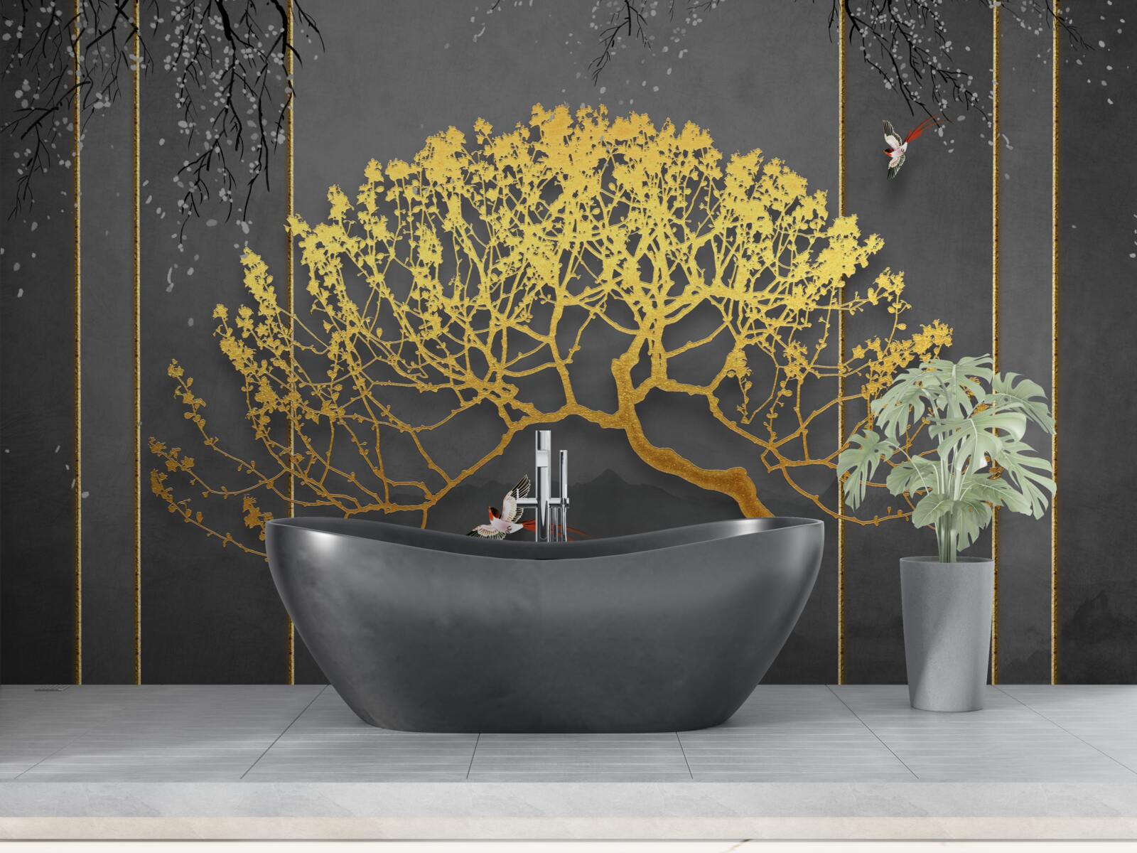 Fototapeta silueta bonsajového stromu lesklá zlatom