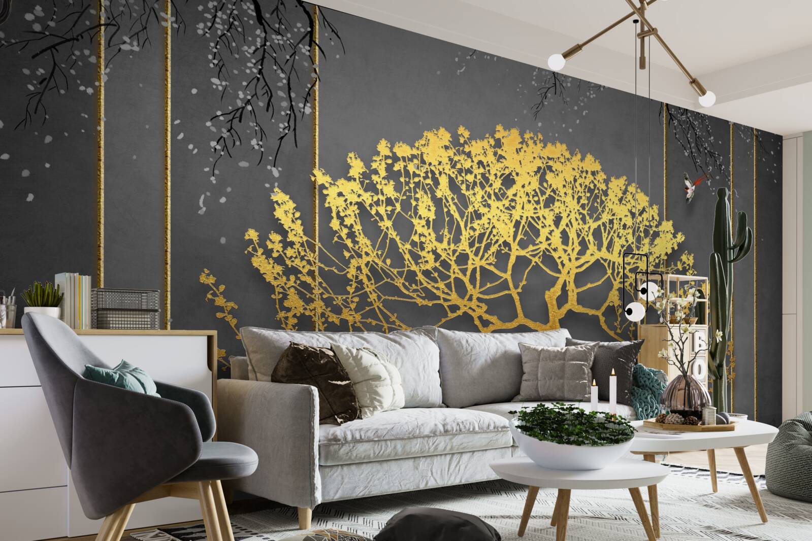 Fototapeta silueta bonsajového stromu lesklá zlatom