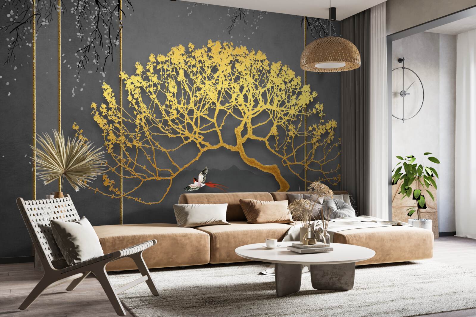 Fototapeta silueta bonsajového stromu lesklá zlatom