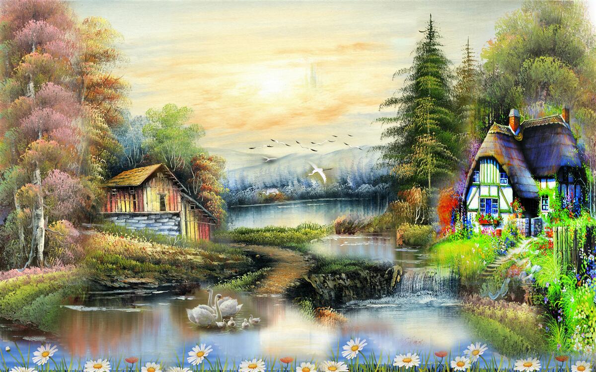 Fototapeta čarovný domček pri jazere obklopený lesom