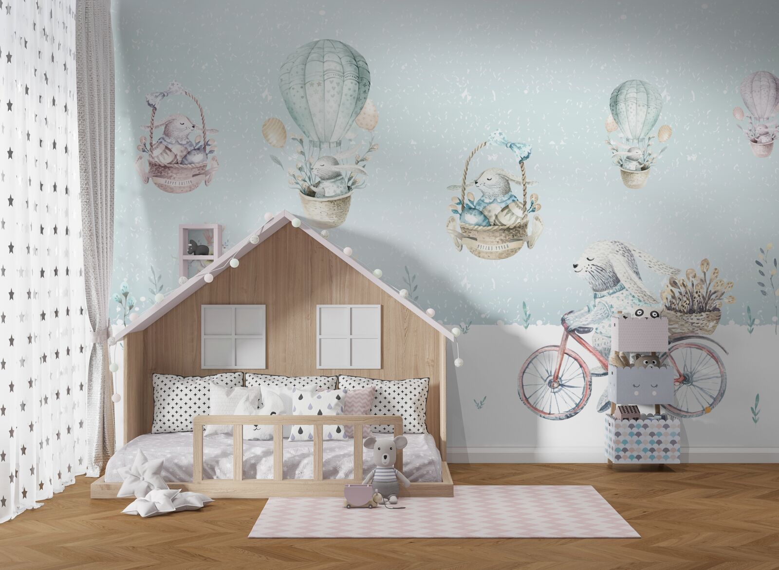 Fototapeta zajačiky jazdia na balónoch a bicyklujú