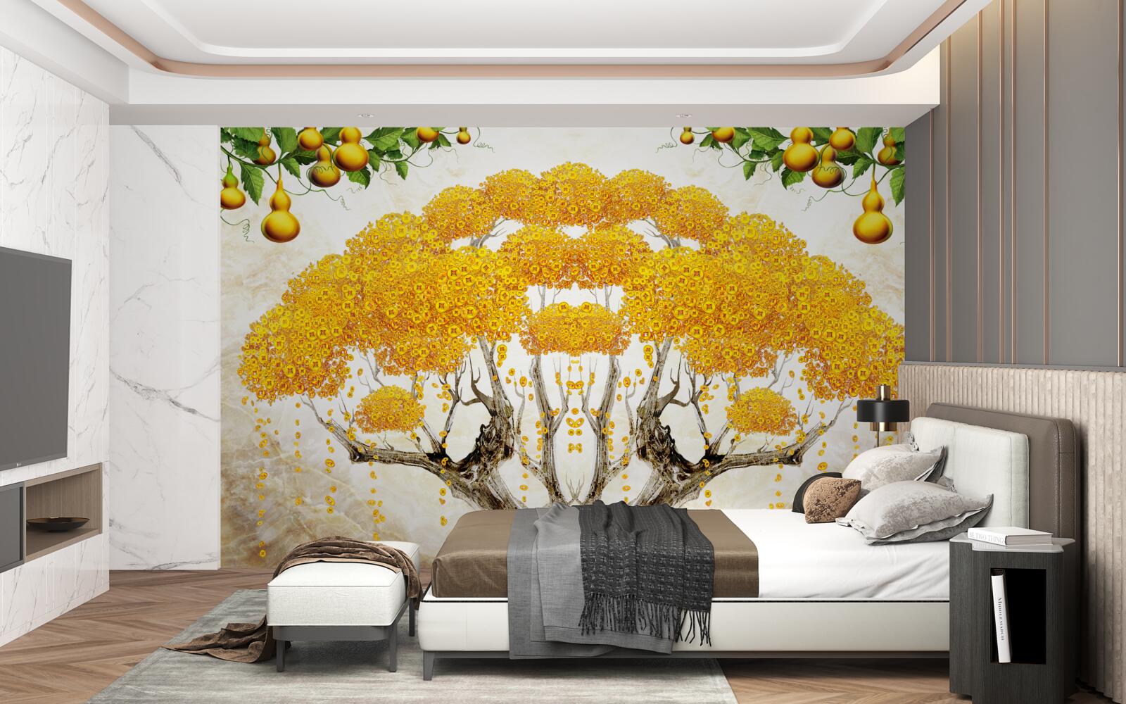 Fototapeta pri západe slnka strom so žltou korunou