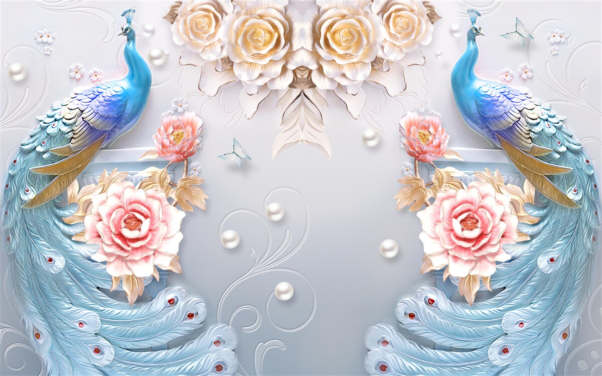 Fototapeta páv a jeho partnerka s ružami