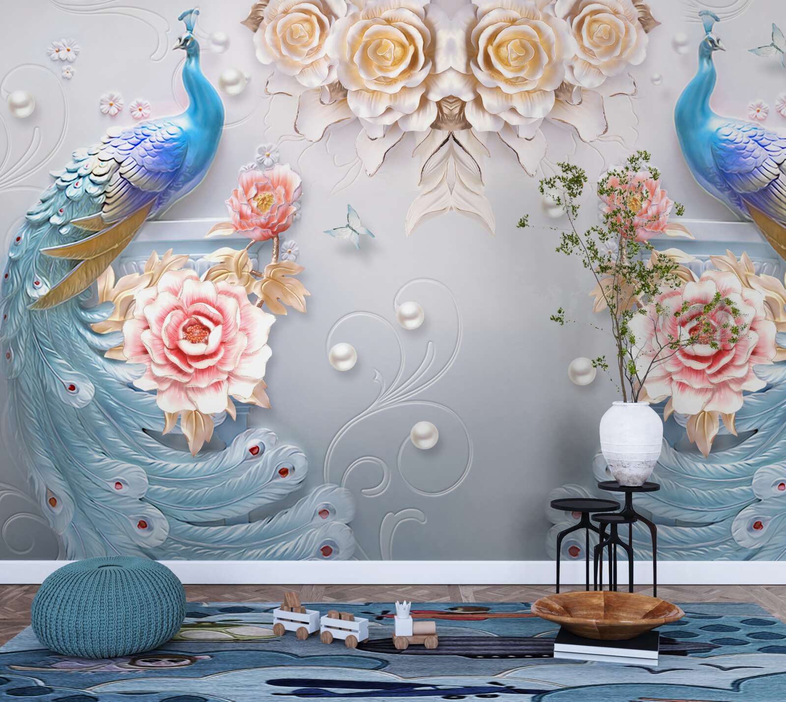 Fototapeta páv a jeho partnerka s ružami