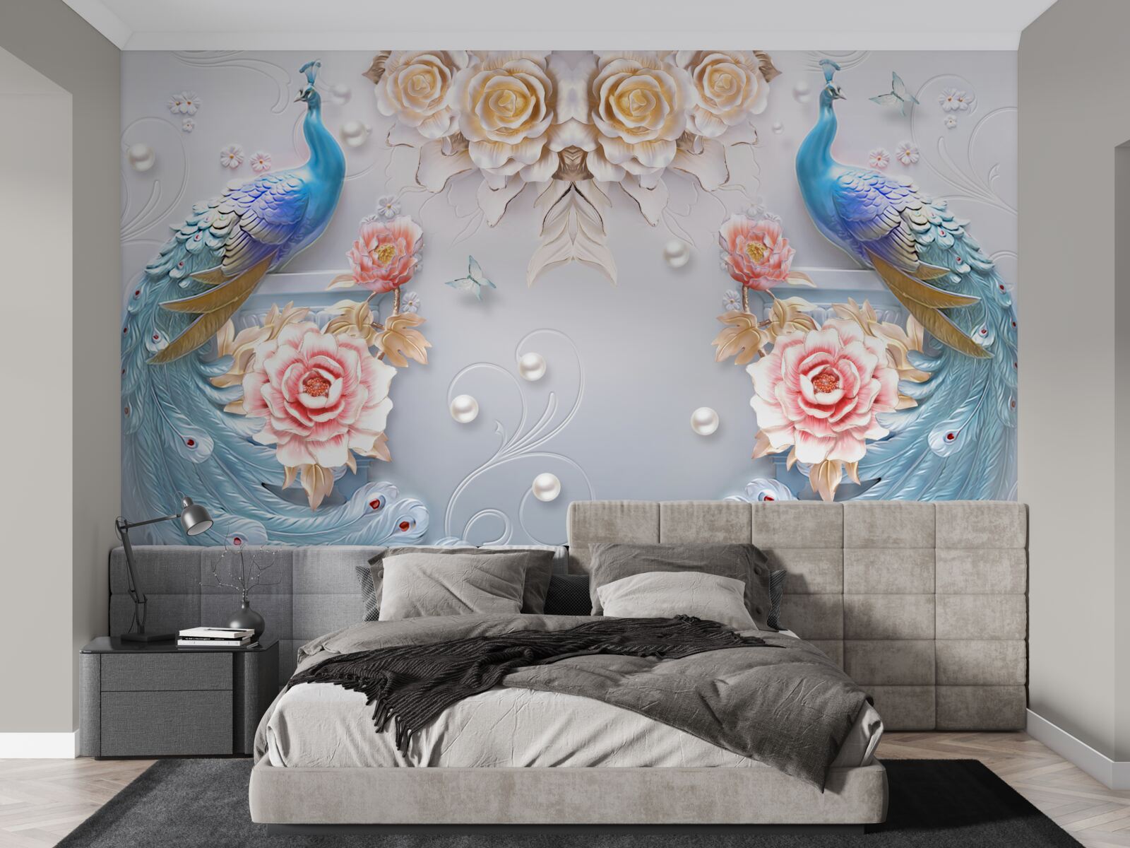 Fototapeta páv a jeho partnerka s ružami