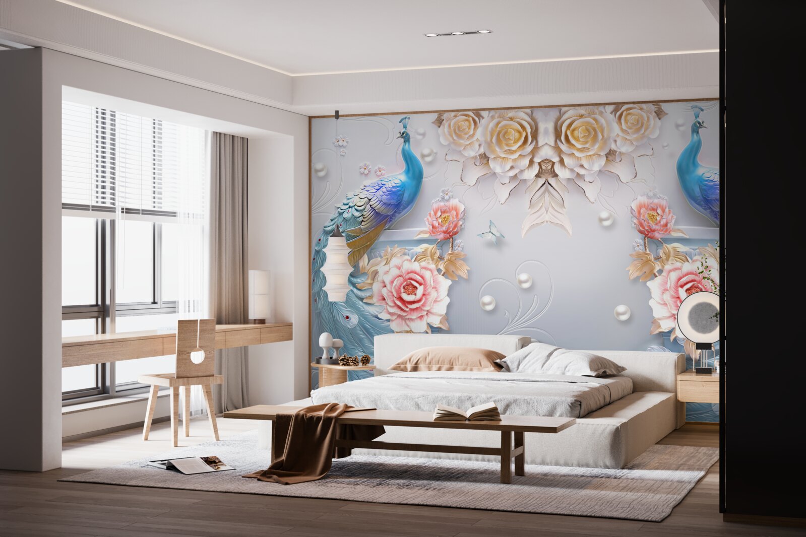 Fototapeta páv a jeho partnerka s ružami