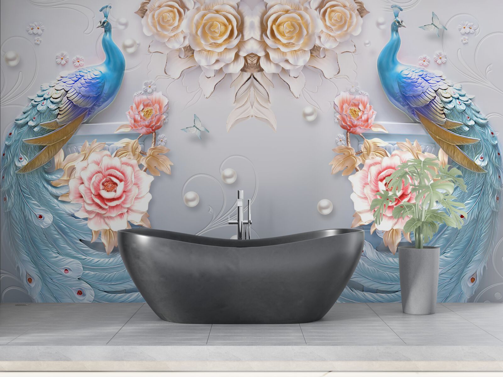 Fototapeta páv a jeho partnerka s ružami