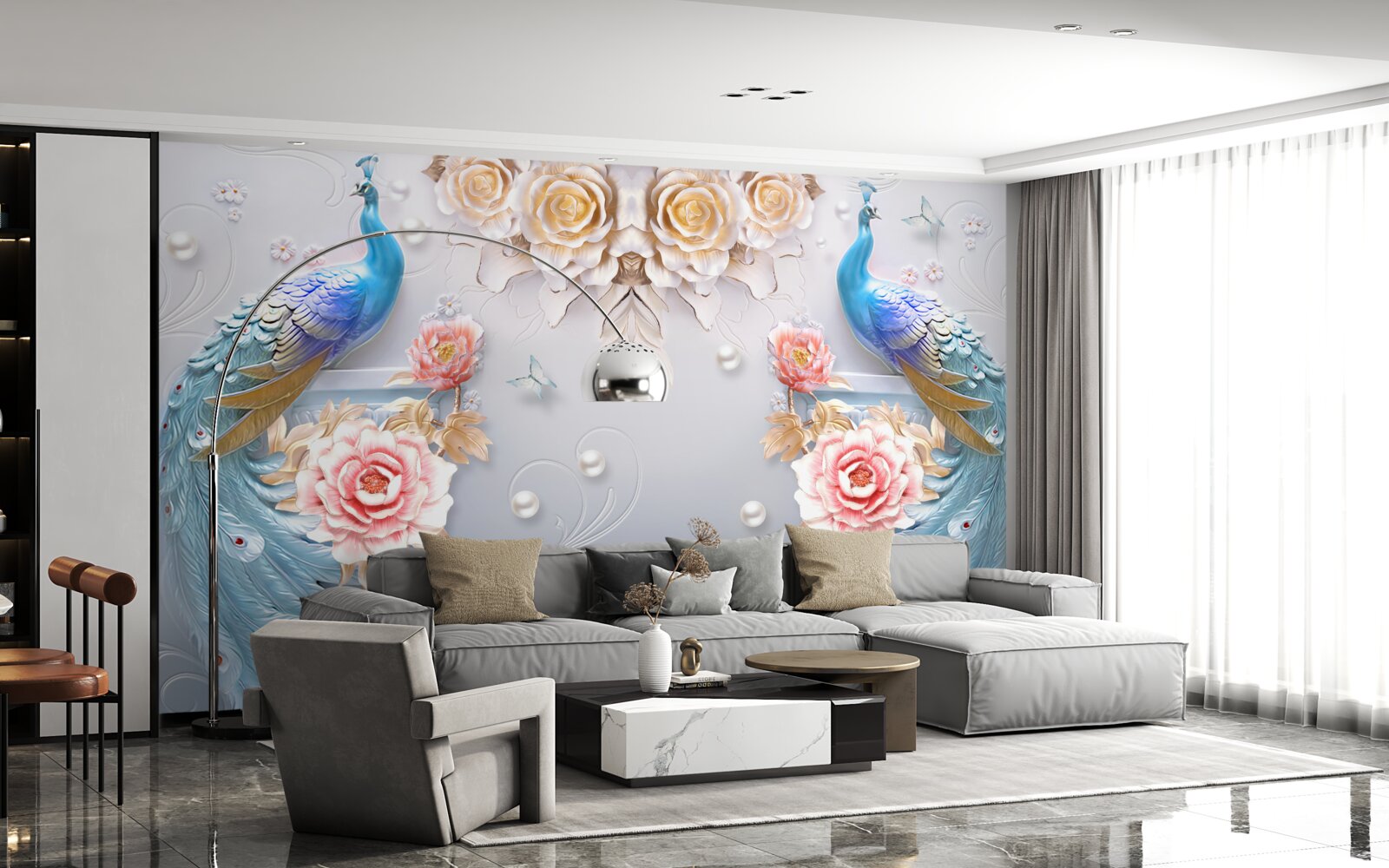 Fototapeta páv a jeho partnerka s ružami