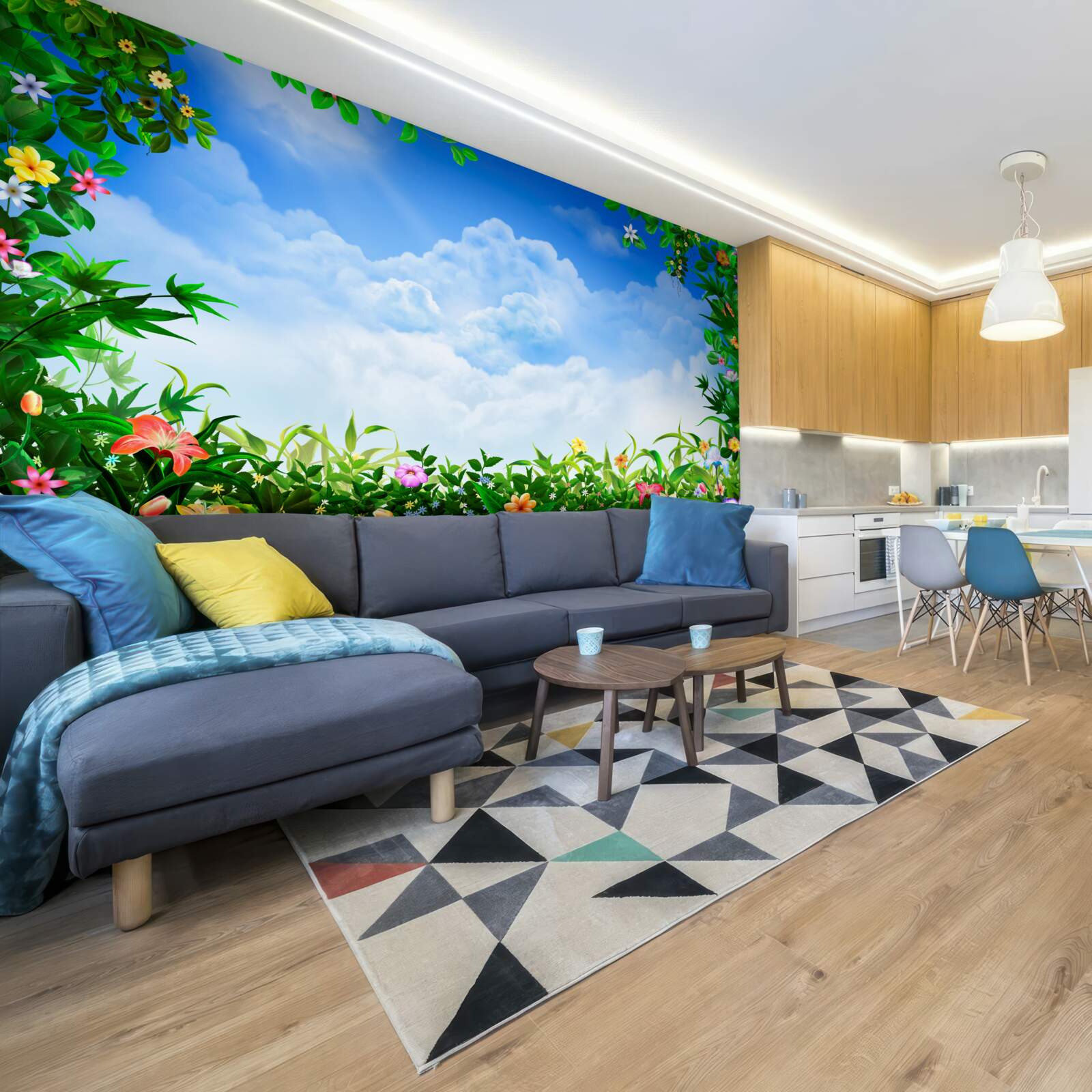 Fototapeta zelené listy sa trblietajú pod modrými mrakmi