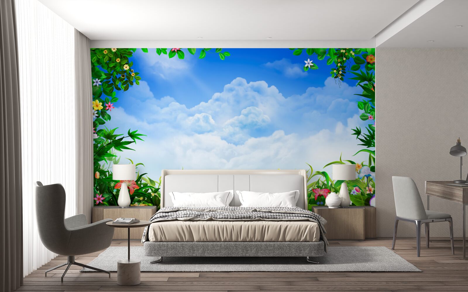 Fototapeta zelené listy sa trblietajú pod modrými mrakmi