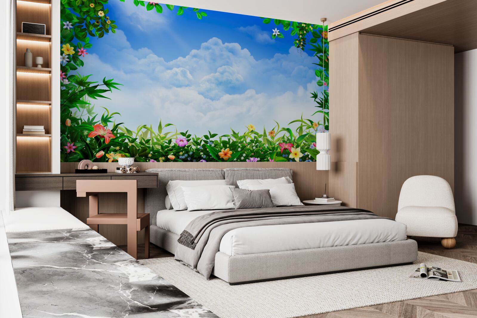 Fototapeta zelené listy sa trblietajú pod modrými mrakmi