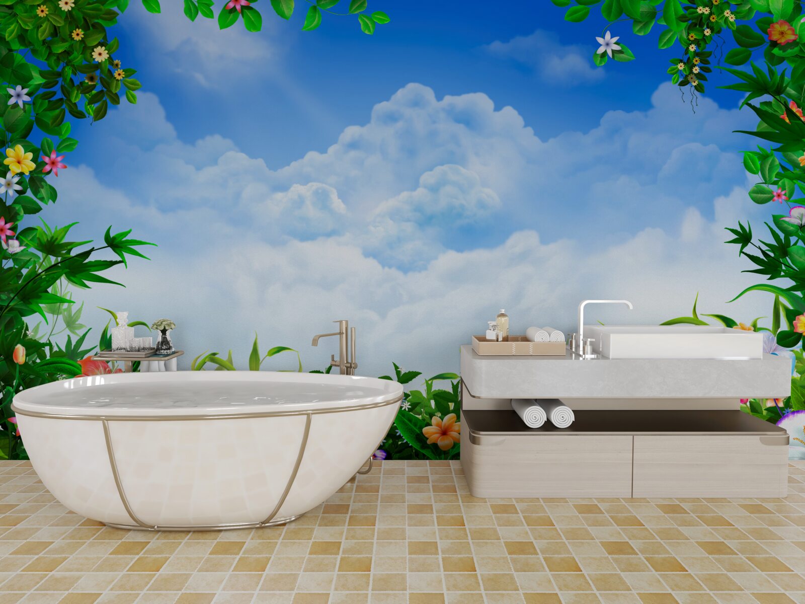 Fototapeta zelené listy sa trblietajú pod modrými mrakmi