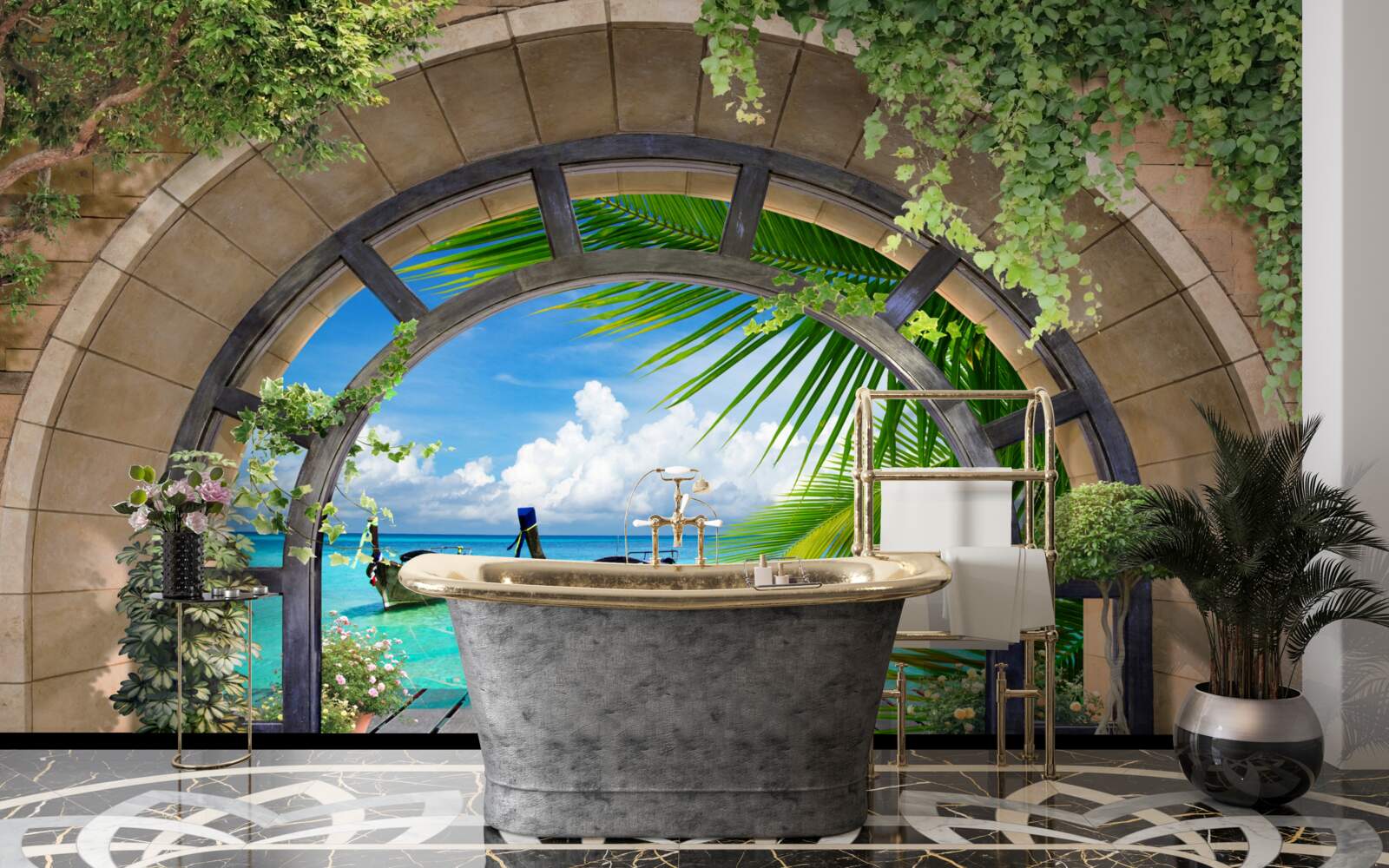 Fototapeta strešné okno s panorámou modrej vody mora