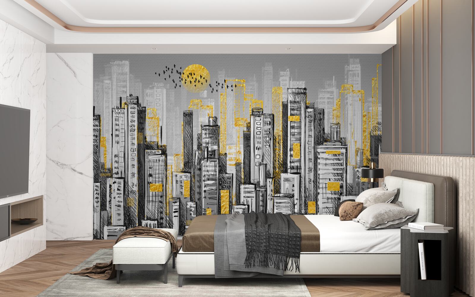 Fototapeta šedé mesto v žltom večernom svetle