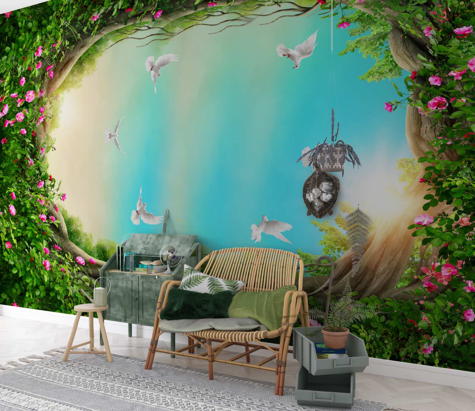 Fototapeta v zelenom ráme kvetov vznášajú sa holuby na oblohe