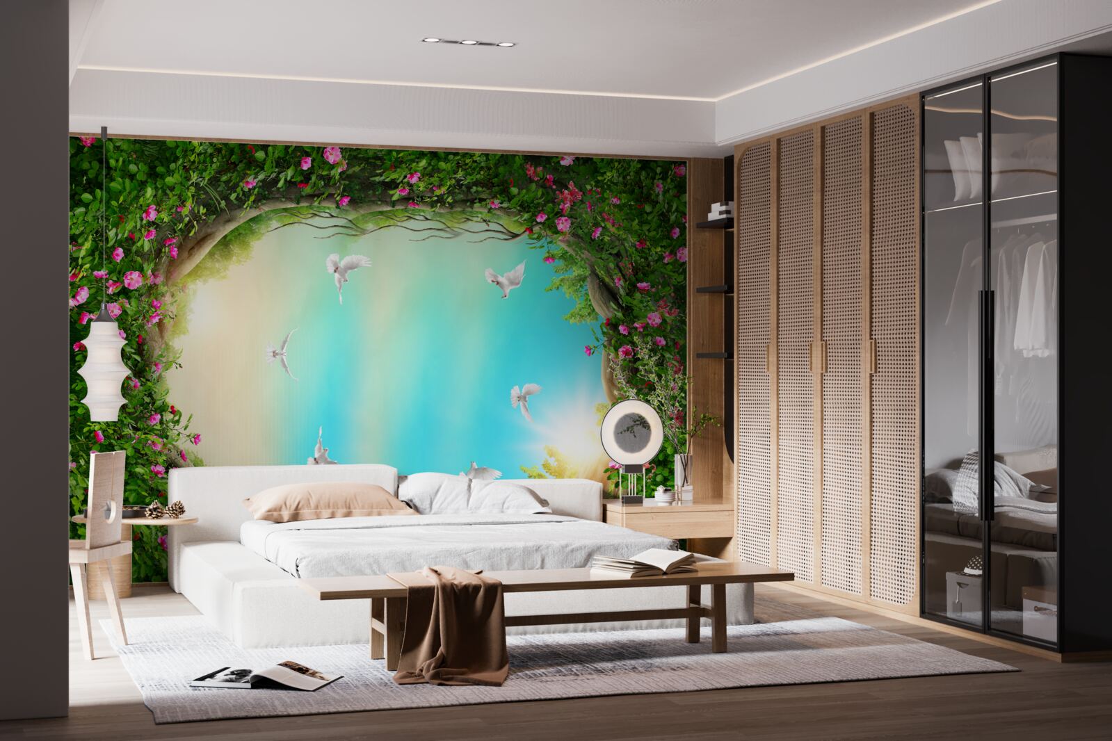 Fototapeta v zelenom ráme kvetov vznášajú sa holuby na oblohe