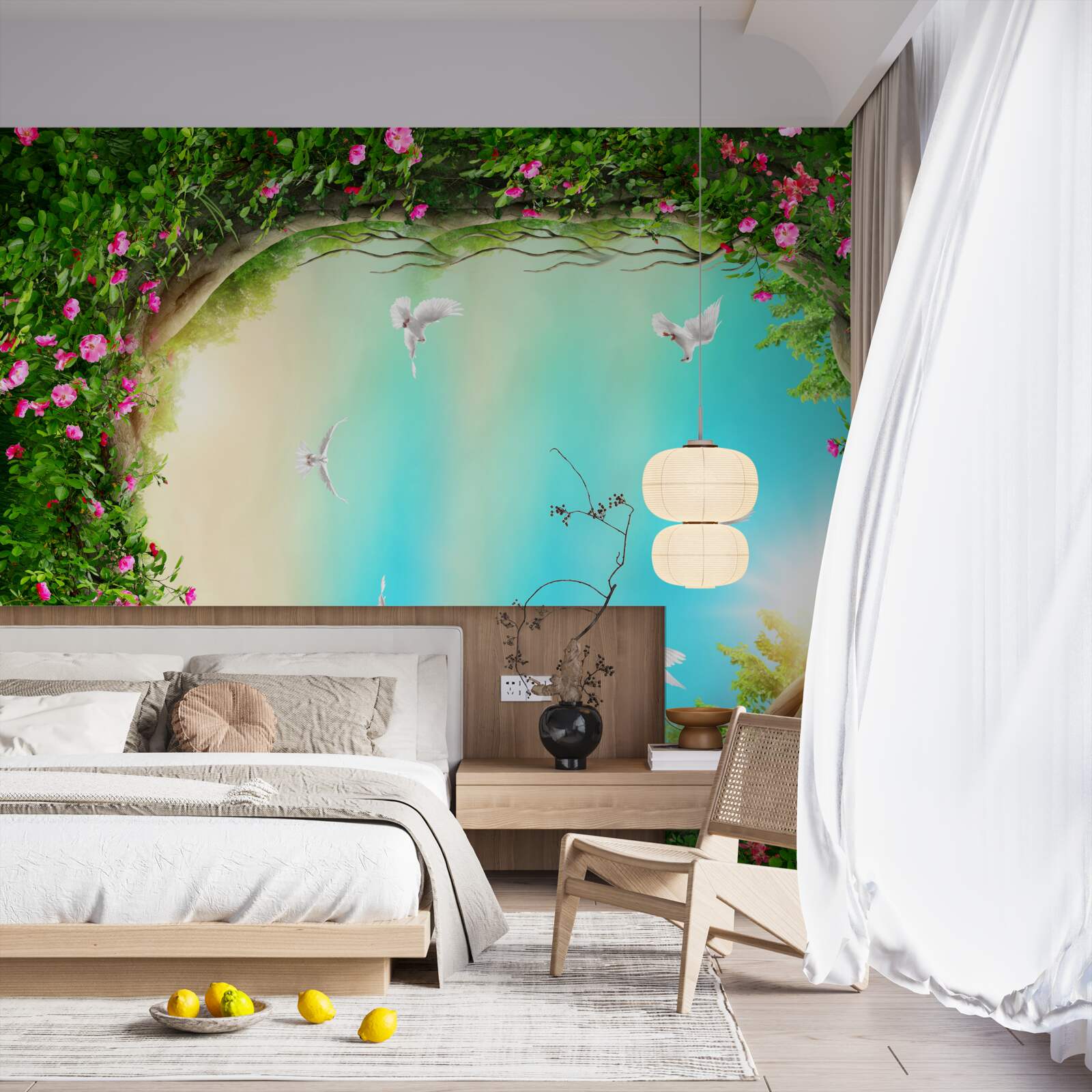 Fototapeta v zelenom ráme kvetov vznášajú sa holuby na oblohe