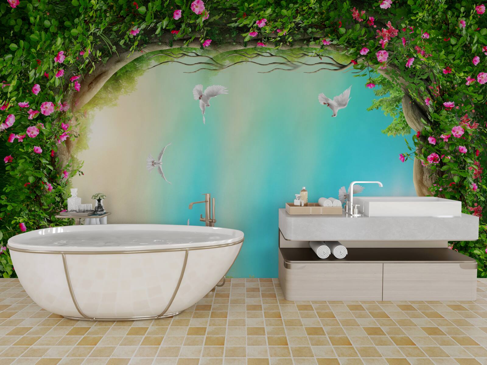 Fototapeta v zelenom ráme kvetov vznášajú sa holuby na oblohe