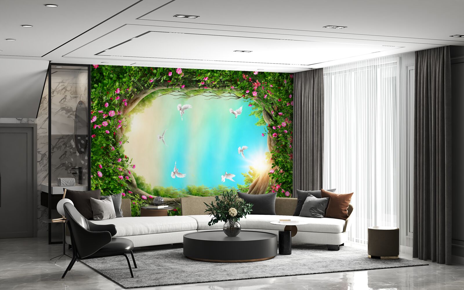 Fototapeta v zelenom ráme kvetov vznášajú sa holuby na oblohe