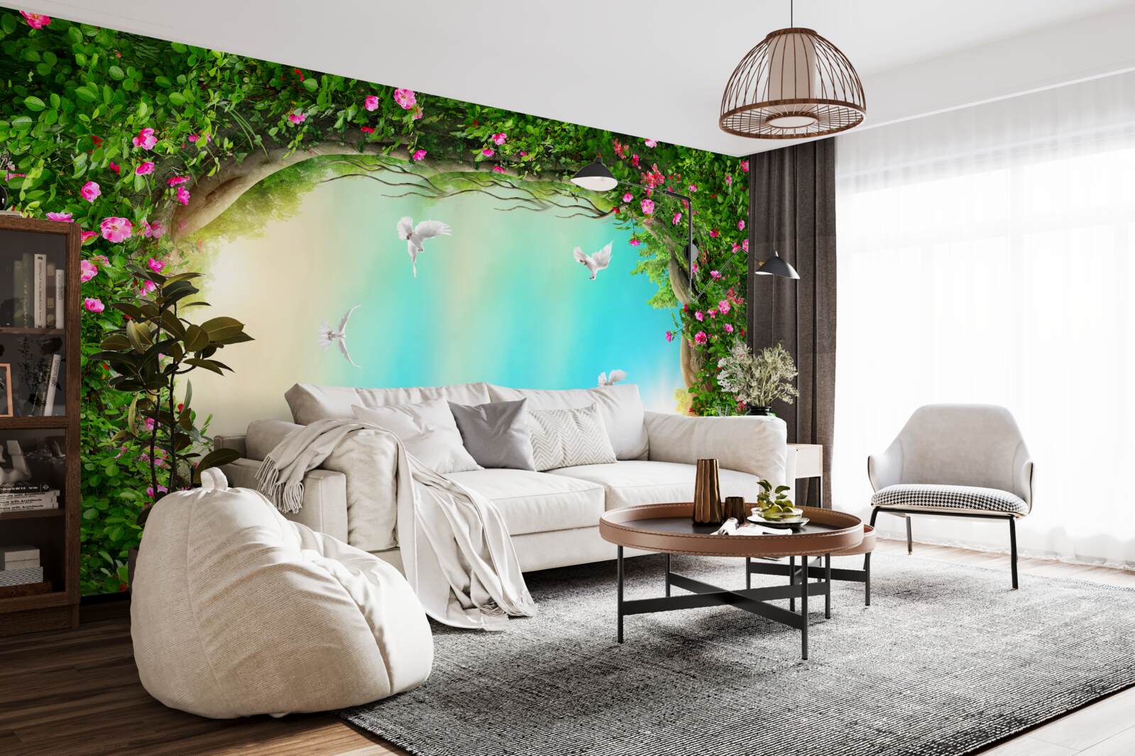 Fototapeta v zelenom ráme kvetov vznášajú sa holuby na oblohe